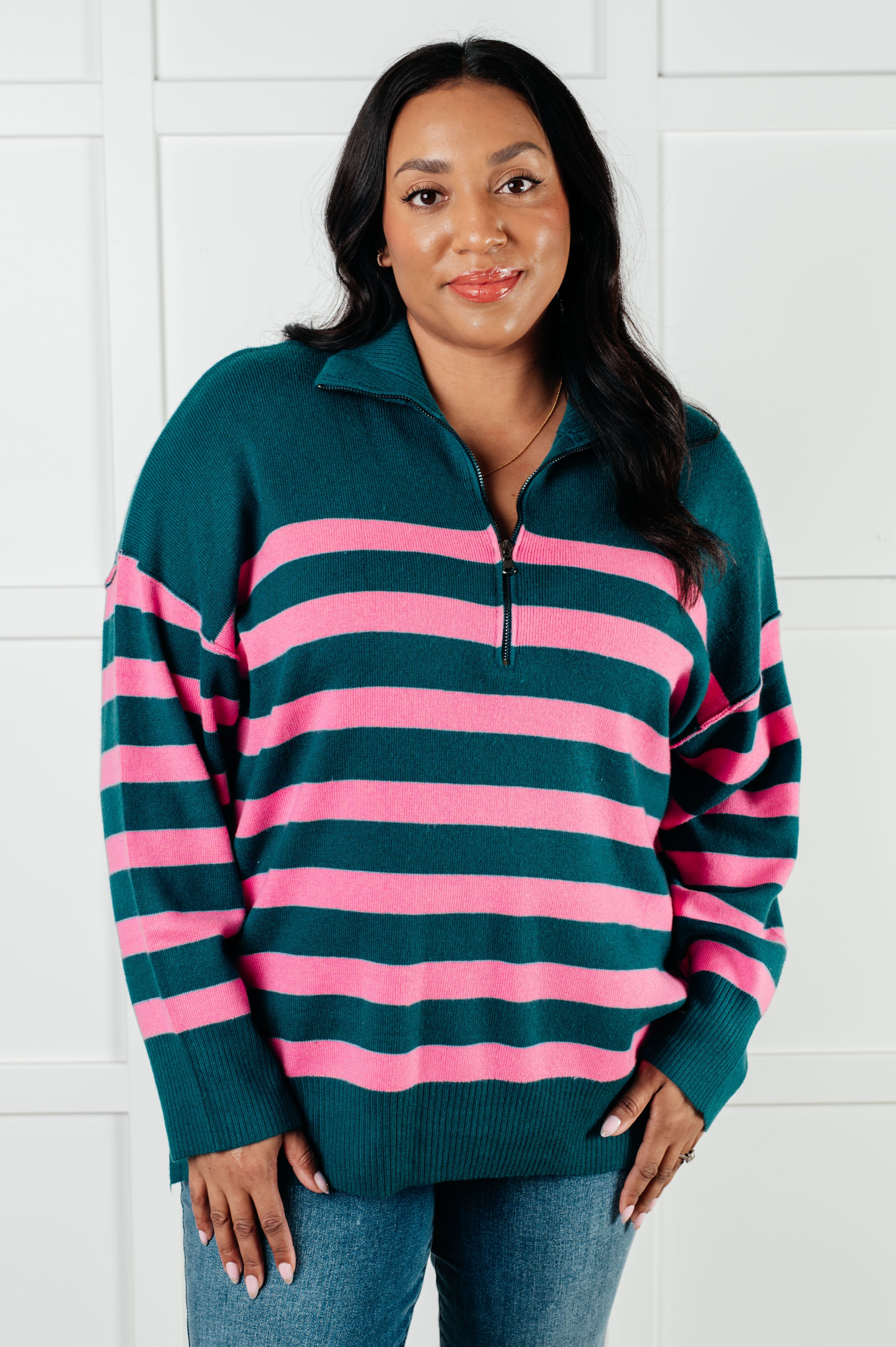 Well Situated Striped Quarter Zip Sweater • Green and Pink