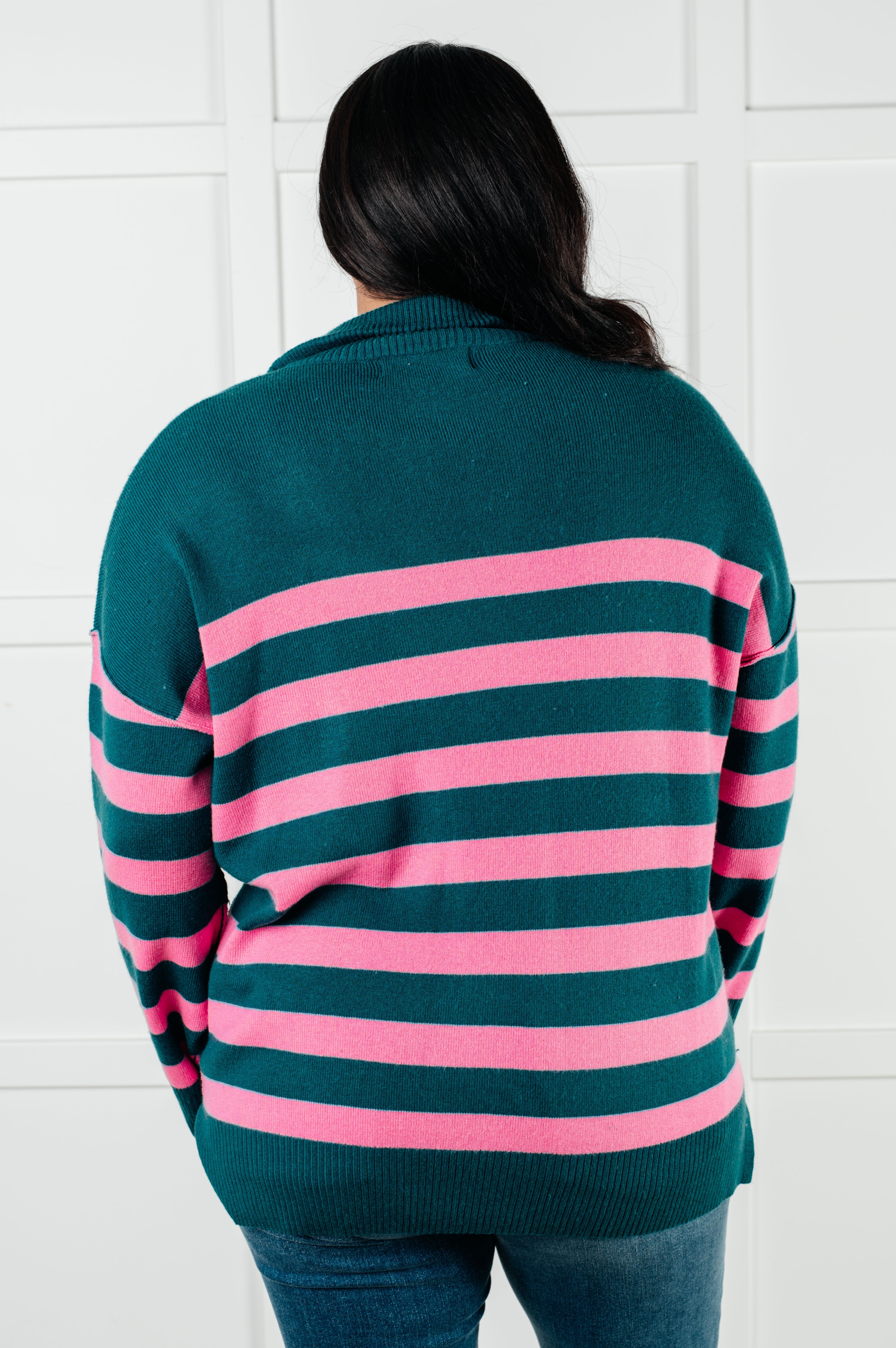 Well Situated Striped Quarter Zip Sweater • Green and Pink