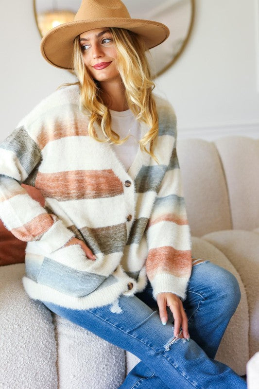 On Air Striped Button Down Fuzzy Knit Cardigan