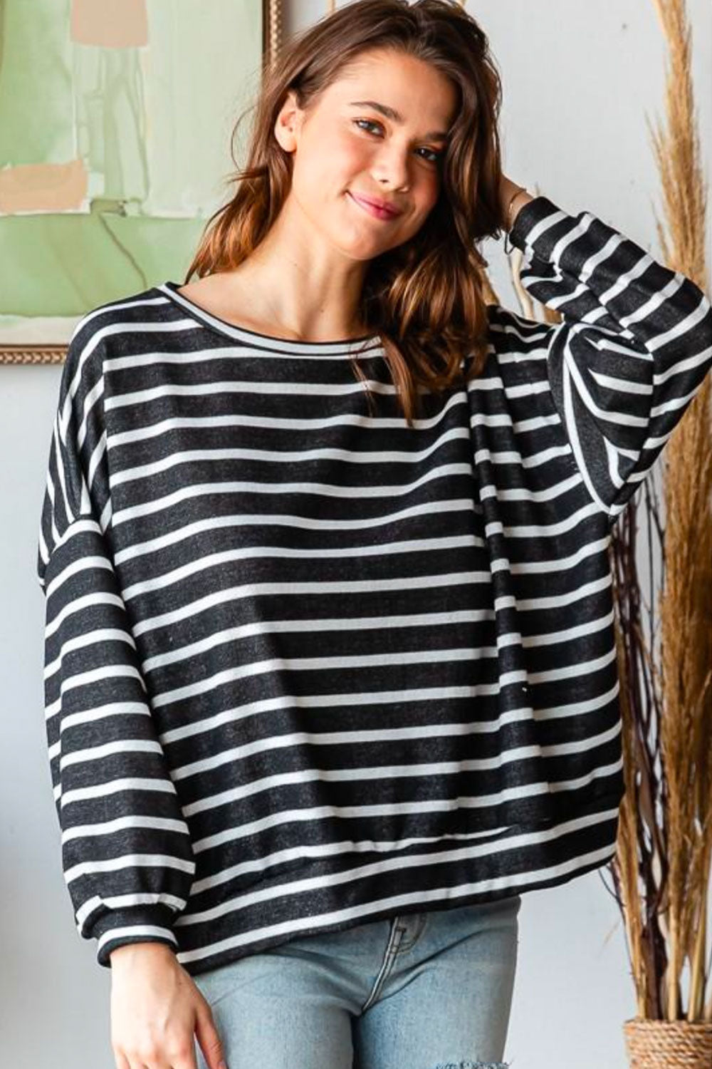 Slow It Down Stripe Terry Banded Dolman Pullover