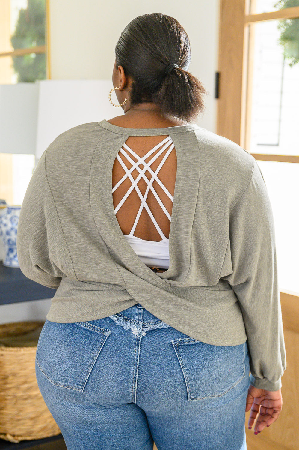 Long Sleeve Solid Knit Open Back Top • Olive